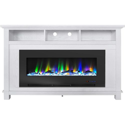  CAMBRIDGE San Jose 58 in. Freestanding Electric Heater TV Stand 50in. Insert and Multi-Color LED Driftwood Log Display, CAM5735-2WHT Fireplace, White/Black