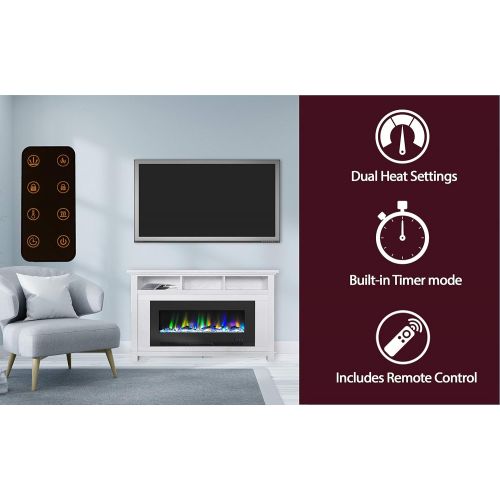  CAMBRIDGE San Jose 58 in. Freestanding Electric Heater TV Stand 50in. Insert and Multi-Color LED Driftwood Log Display, CAM5735-2WHT Fireplace, White/Black