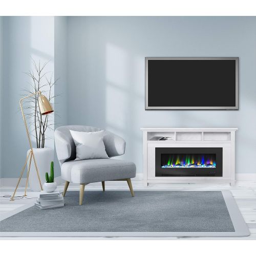  CAMBRIDGE San Jose 58 in. Freestanding Electric Heater TV Stand 50in. Insert and Multi-Color LED Driftwood Log Display, CAM5735-2WHT Fireplace, White/Black