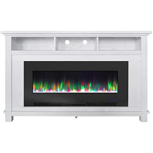  CAMBRIDGE San Jose 58 in. Freestanding Electric Heater TV Stand 50 in. Multi-Color Insert and LED Crystal Rock Display, CAM5735-1WHT Fireplace, White/Black