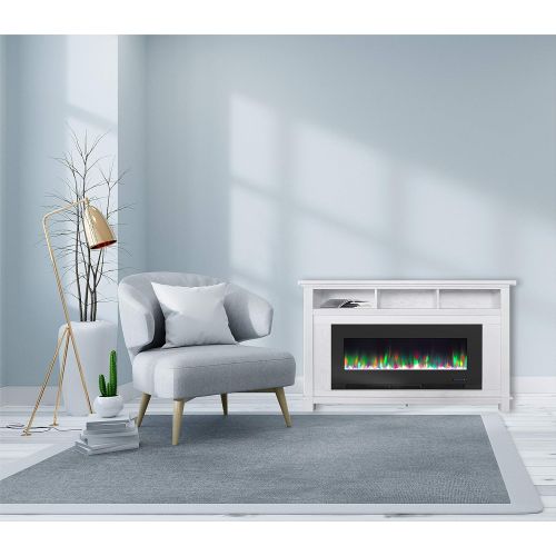  CAMBRIDGE San Jose 58 in. Freestanding Electric Heater TV Stand 50 in. Multi-Color Insert and LED Crystal Rock Display, CAM5735-1WHT Fireplace, White/Black