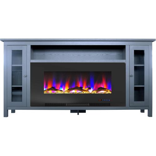  CAMBRIDGE Slate Blue Somerset 70 Electric Fireplace TV Stand with Multi-Color LED Flames, Driftwood Log Display, and Remote Control