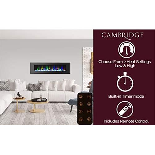  Cambridge CAM72WMEF-2BLK 72 In. Wall-Mount Electric Fireplace in Black with Multi-Color Flames and Driftwood Log Display