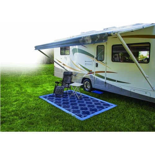  Camco Large Reversible Outdoor Patio Mat - Mold and Mildew Resistant, Easy to Clean, Perfect for Picnics, Cookouts, Camping, and The Beach (6 x 9, Lattice Blue Design) (42876)