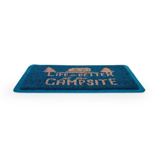  Camco 53201 Life Is Better at The Campsite Outdoor/Indoor Welcome Mat - Weather and Mildew Resistant, Traps Dirt and Liquid, Spongey Comfortable Feel (Blue)
