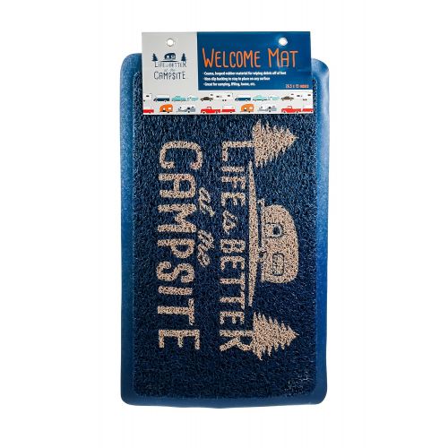  Camco 53201 Life Is Better at The Campsite Outdoor/Indoor Welcome Mat - Weather and Mildew Resistant, Traps Dirt and Liquid, Spongey Comfortable Feel (Blue)