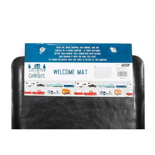  Camco 53200 Life Is Better at The Campsite Outdoor/Indoor Welcome Mat - Weather and Mildew Resistant, Traps Dirt and Liquid, Spongey Comfortable Feel (Gray)