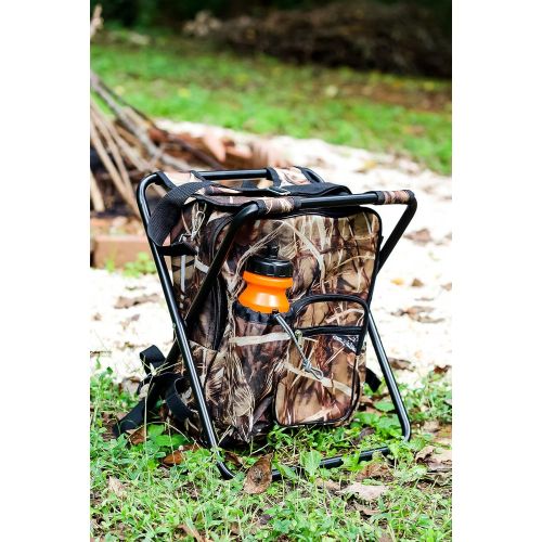  Camco Folding Camping Stool Backpack Cooler Trio- Camping/Hiking Bag with Waterproof Insulated Cooler Pockets and Sturdy Legs for Seating, Great For Travel - Camouflage (51908)