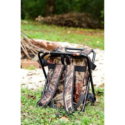  Camco Folding Camping Stool Backpack Cooler Trio- Camping/Hiking Bag with Waterproof Insulated Cooler Pockets and Sturdy Legs for Seating, Great For Travel - Camouflage (51908)