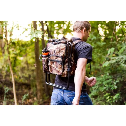  Camco Folding Camping Stool Backpack Cooler Trio- Camping/Hiking Bag with Waterproof Insulated Cooler Pockets and Sturdy Legs for Seating, Great For Travel - Camouflage (51908)