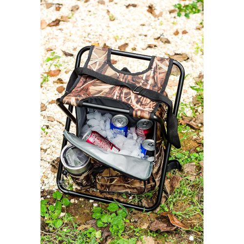  Camco Folding Camping Stool Backpack Cooler Trio- Camping/Hiking Bag with Waterproof Insulated Cooler Pockets and Sturdy Legs for Seating, Great For Travel - Camouflage (51908)