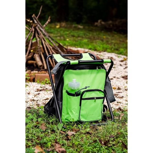  Camco Folding Camping Stool Backpack Cooler Trio- Camping /Hiking Bag with Waterproof Insulated Cooler Pockets and Sturdy Legs for Seating, Great For Travel- Green (51909)