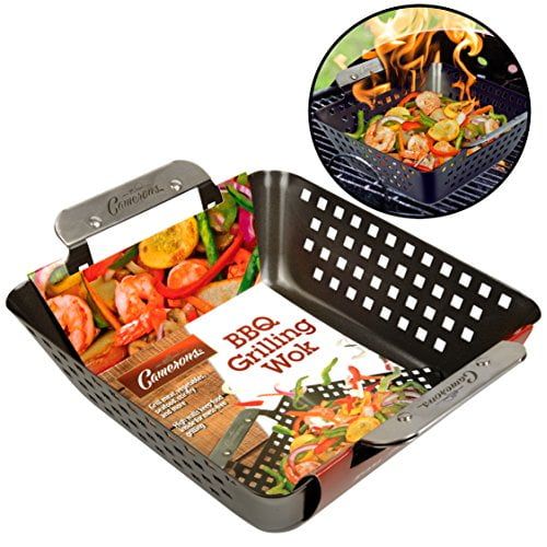  Camerons Grill Basket- Non-Stick BBQ Barbecue Grilling Wok with Stainless Steel Handles for Meat, Vegetables, and Seafood