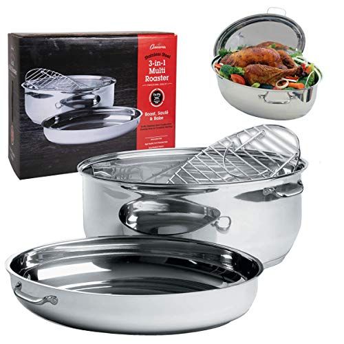  [아마존베스트]Camerons Oval Multi Roaster- 3-in-1 Stock Pot (11 QT), Turkey Roasting Pan w Rack and Saute Cookware- Stainless Steel Tri Ply, Induction Compatible w Stick Resistant Interior