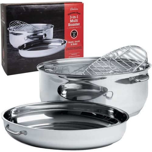  [아마존베스트]Camerons Oval Multi Roaster- 3-in-1 Stock Pot (11 QT), Turkey Roasting Pan w Rack and Saute Cookware- Stainless Steel Tri Ply, Induction Compatible w Stick Resistant Interior