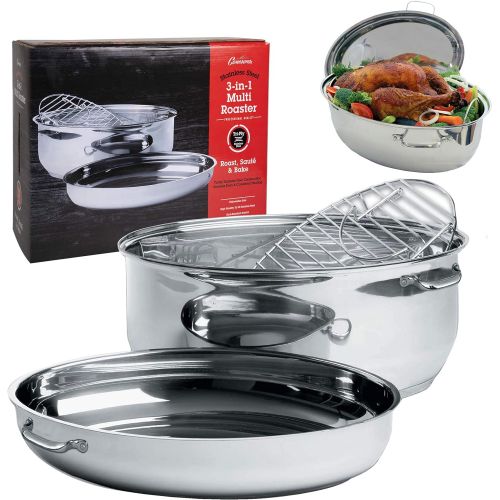  [아마존베스트]Camerons Oval Multi Roaster- 3-in-1 Stock Pot (11 QT), Turkey Roasting Pan w Rack and Saute Cookware- Stainless Steel Tri Ply, Induction Compatible w Stick Resistant Interior