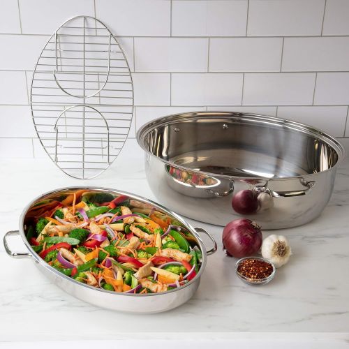  [아마존베스트]Camerons Oval Multi Roaster- 3-in-1 Stock Pot (11 QT), Turkey Roasting Pan w Rack and Saute Cookware- Stainless Steel Tri Ply, Induction Compatible w Stick Resistant Interior