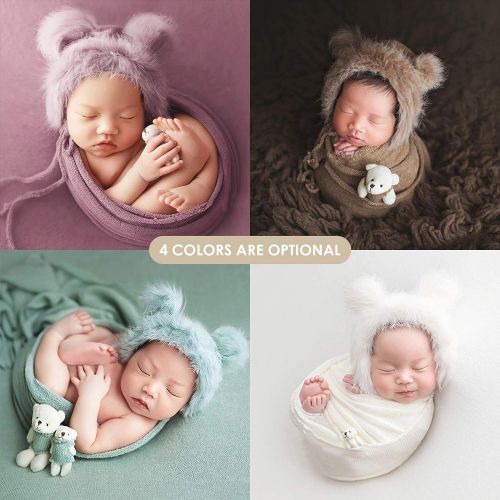  [아마존베스트]Camidy Newborn Photography Prop,3pcs Infant Wrap Fluffy Hat Bear Doll Set for Toddler Photo Outfits