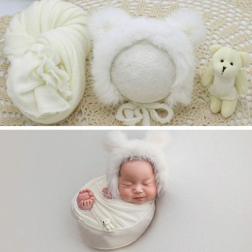  [아마존베스트]Camidy Newborn Photography Prop,3pcs Infant Wrap Fluffy Hat Bear Doll Set for Toddler Photo Outfits