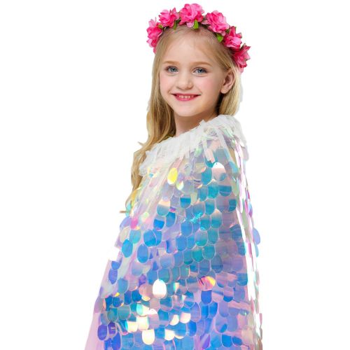  Camlinbo 2019 Girls Mermaid Princess Dress Up Costume Cape Glitter Scale Party Dress Mermaid Cosplay Cloak for Birthday Halloween