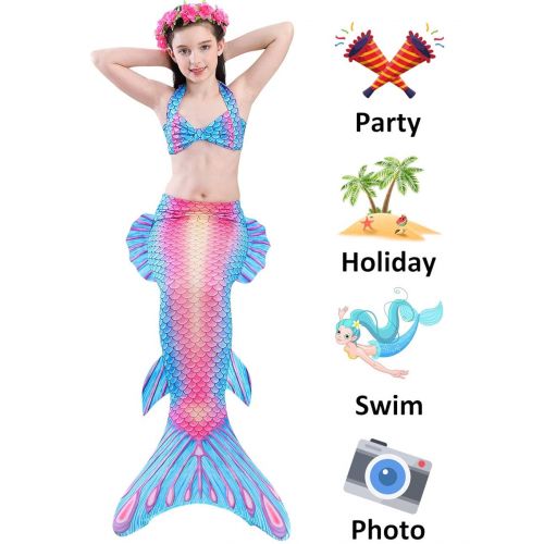  Camlinbo 3 Pcs Mermaid Costume for Girls Bathing Swimsuit Halloween Swimwear Princess Sea-Maid Tankini Set