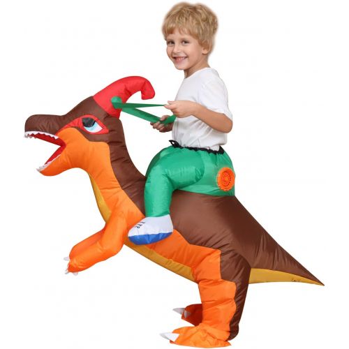  할로윈 용품Camlinbo Childs Inflatable Dinosaur Costume Corythosaurus Rider Halloween Party Blow up Costume Kids 4-6Y