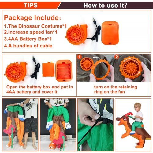  할로윈 용품Camlinbo Childs Inflatable Dinosaur Costume Corythosaurus Rider Halloween Party Blow up Costume Kids 4-6Y