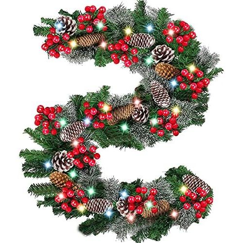  Camlinbo 9 Ft by 10 Inch 100 LED Christmas Garland Battery Operated Lights Timer 8 Mode,Prelit Christmas Garland Greenery Outdoor Lighted Pine Garland,Mantle Garland Xmas Holiday Indoor(Col
