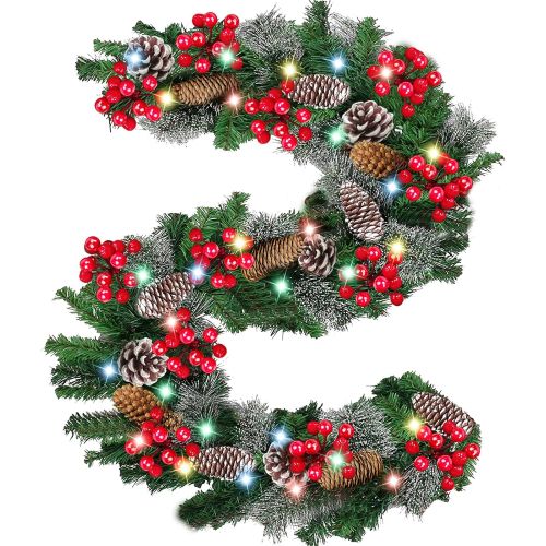  Camlinbo 9 Ft by 10 Inch 100 LED Christmas Garland Battery Operated Lights Timer 8 Mode,Prelit Christmas Garland Greenery Outdoor Lighted Pine Garland,Mantle Garland Xmas Holiday Indoor(Col