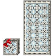 Camoone Non Slip Kitchen Mat  (Toscana Garden) Retro Blue & Stone White Decorative Vinyl Mat, Hypoallergenic, Insulated, Non-Fading, Easy to Clean, Non-Toxic Floor Mat+4 Free Coas