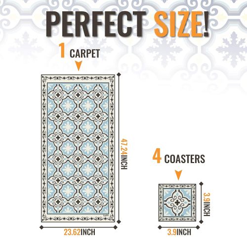  Camoone Non Slip Kitchen Mat  (Toscana Garden) Retro Blue & Stone White Decorative Vinyl Mat, Hypoallergenic, Insulated, Non-Fading, Easy to Clean, Non-Toxic Floor Mat+4 Free Coas