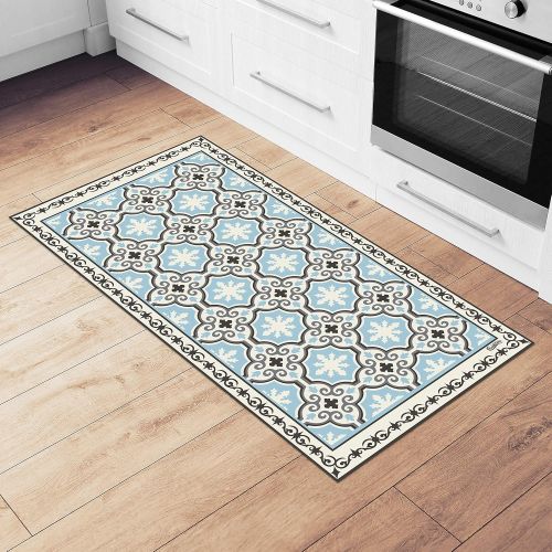  Camoone Non Slip Kitchen Mat  (Toscana Garden) Retro Blue & Stone White Decorative Vinyl Mat, Hypoallergenic, Insulated, Non-Fading, Easy to Clean, Non-Toxic Floor Mat+4 Free Coas