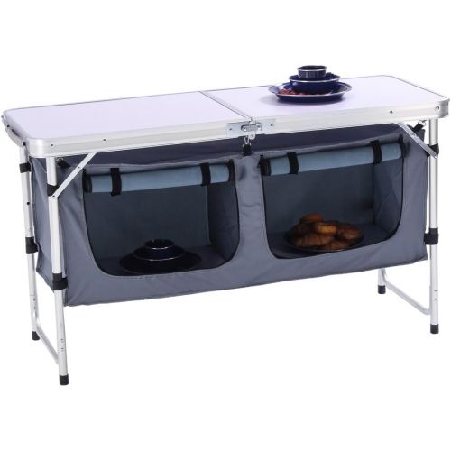  CampLand Outdoor Folding Table Aluminum Lightweight Height Adjustable with Storage Organizer for BBQ, Party, Camping (Grey)