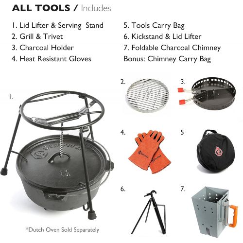  CampMaid Outdoor Cooking Set - Dutch Oven Tools Set - Charcoal Holder & Cast Iron Grill Accessories - Camping Grill Set - Outdoor Cooking Essentials - Camp Kitchen Equipment - (7 P