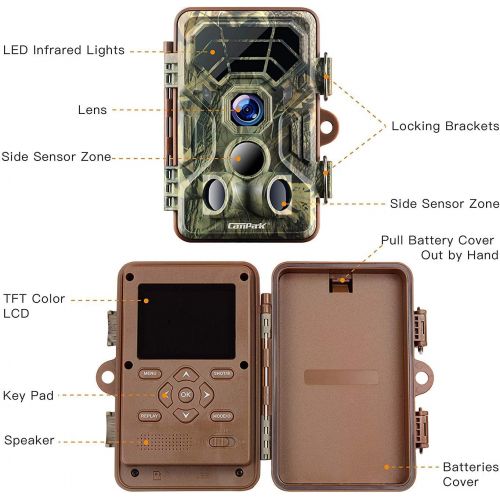  Campark Trail Game Cameras HD Waterproof Wildlife Deer Hunting Cams 120° Detecting Range Motion Activated Night Vision Infrared for Outdoor Field Nature Wild Scouting Home Security