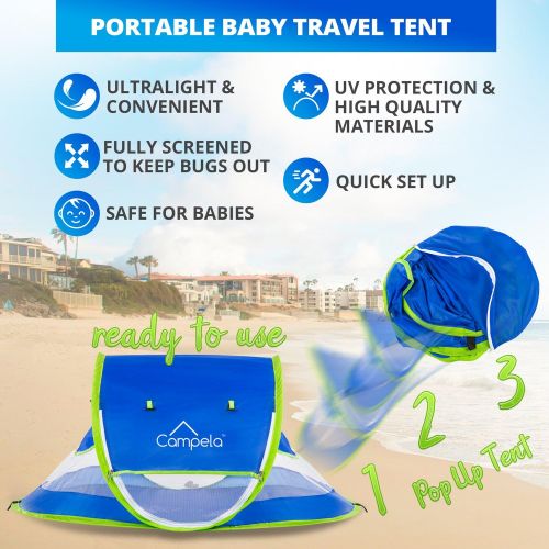  [아마존베스트]Campela Baby Travel Beach Tent for Infant and Babies - Mosquito Net and Sunshade Portable Newborn Crib Baby Bed Dome Pop up Sun Shelter Anti UV Sun Protection Factor 96.6%