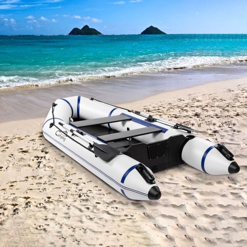  Campingsurvivals 10ft Inflatable Boat, 3 Separate Air Chambers Dinghy Boat Kit, Gray/White