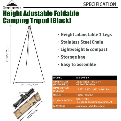  CAMPINGMOON 41.34-inch Height Portable Campfire Camping Tripod Black with Carrying Bag MS-105-BK