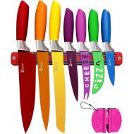 [아마존베스트]Chefcoo Kitchen Knife Set Plus Magnetic Strip and Sharpener One Cutlery Knives-Best Color Cooking Gadgets-Includes Cheese, Pizza, Paring, 14.5 x 10.9 x 1.5 inches, Red, Yellow, Blu