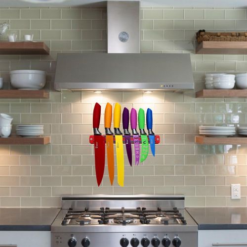  [아마존베스트]Chefcoo Kitchen Knife Set Plus Magnetic Strip and Sharpener One Cutlery Knives-Best Color Cooking Gadgets-Includes Cheese, Pizza, Paring, 14.5 x 10.9 x 1.5 inches, Red, Yellow, Blu