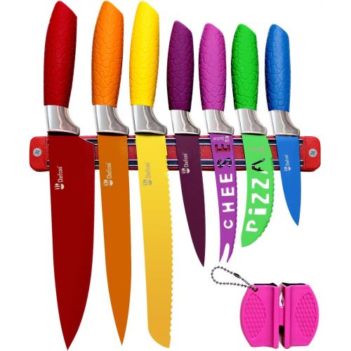  [아마존베스트]Chefcoo Kitchen Knife Set Plus Magnetic Strip and Sharpener One Cutlery Knives-Best Color Cooking Gadgets-Includes Cheese, Pizza, Paring, 14.5 x 10.9 x 1.5 inches, Red, Yellow, Blu