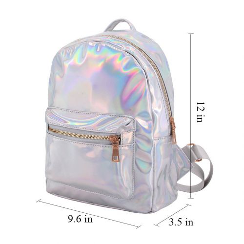  Candice Women Fashion Hologram Holographic PU Shoulder Bag Satchel Backpack School Bag(Silver)