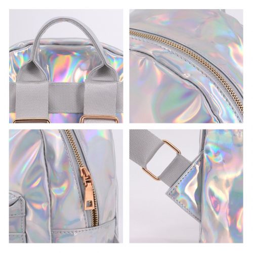  Candice Women Fashion Hologram Holographic PU Shoulder Bag Satchel Backpack School Bag(Silver)