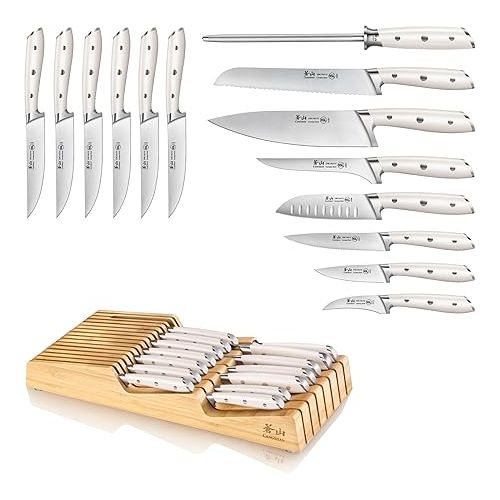  Cangshan ALPS Series 502827 German Steel Forged 15-Piece In-Drawer Knife Set with Bamboo Tray, (White)