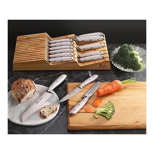  Cangshan ALPS Series 502827 German Steel Forged 15-Piece In-Drawer Knife Set with Bamboo Tray, (White)