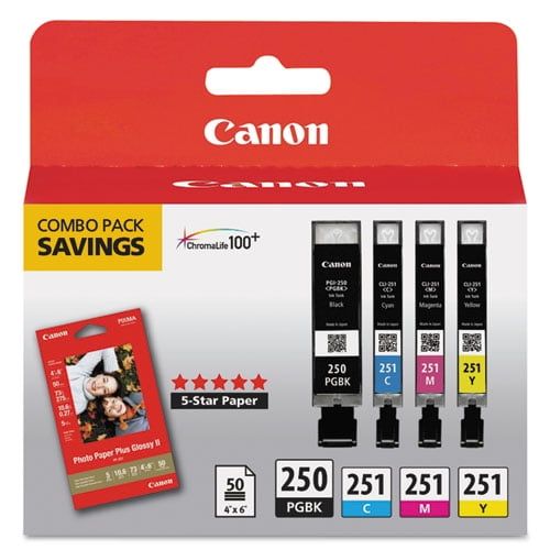 캐논 Canon PGI-250 & CLI-251 4-Cartridge Combo Pack with Photo Paper (4 x 6