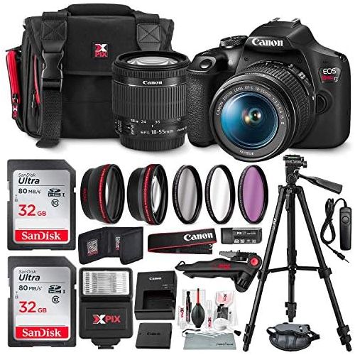 캐논 [아마존베스트]Canon T7 EOS Rebel DSLR Camera with EF-S 18-55mm f/3.5-5.6 is II Lens W/Telephoto & Wideangle Lens 3 Pc. Filter Kit + Tripod + Flash & 2 X 32GB SD Card and Basic Accessory Kit