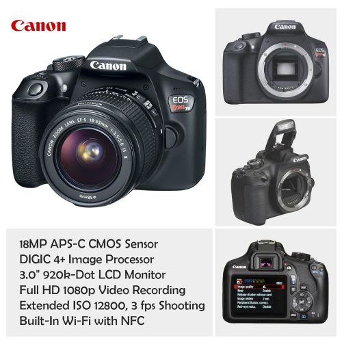 캐논 Canon EOS Rebel T6 DSLR Camera with 18-55mm is II Lens Bundle + Canon EF 75-300mm f/4-5.6 III Lens and 500mm Preset Lens + 32GB Memory + Filters + Monopod + Spider Tripod + Profess