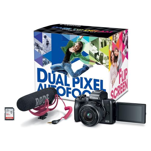 캐논 Canon EOS M50 Video Creator Kit with EF-M15-45mm Lens, Rode VIDEOMIC GO, and 32GB Sandisk Memory Card - Black