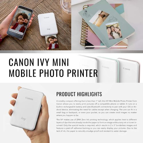 캐논 Canon Ivy Mini Mobile Photo Printer (Rose Gold) with Canon 2 x 3 Zink Photo Paper (50 Sheets) and Hard Shell Case Deluxe Bundle
